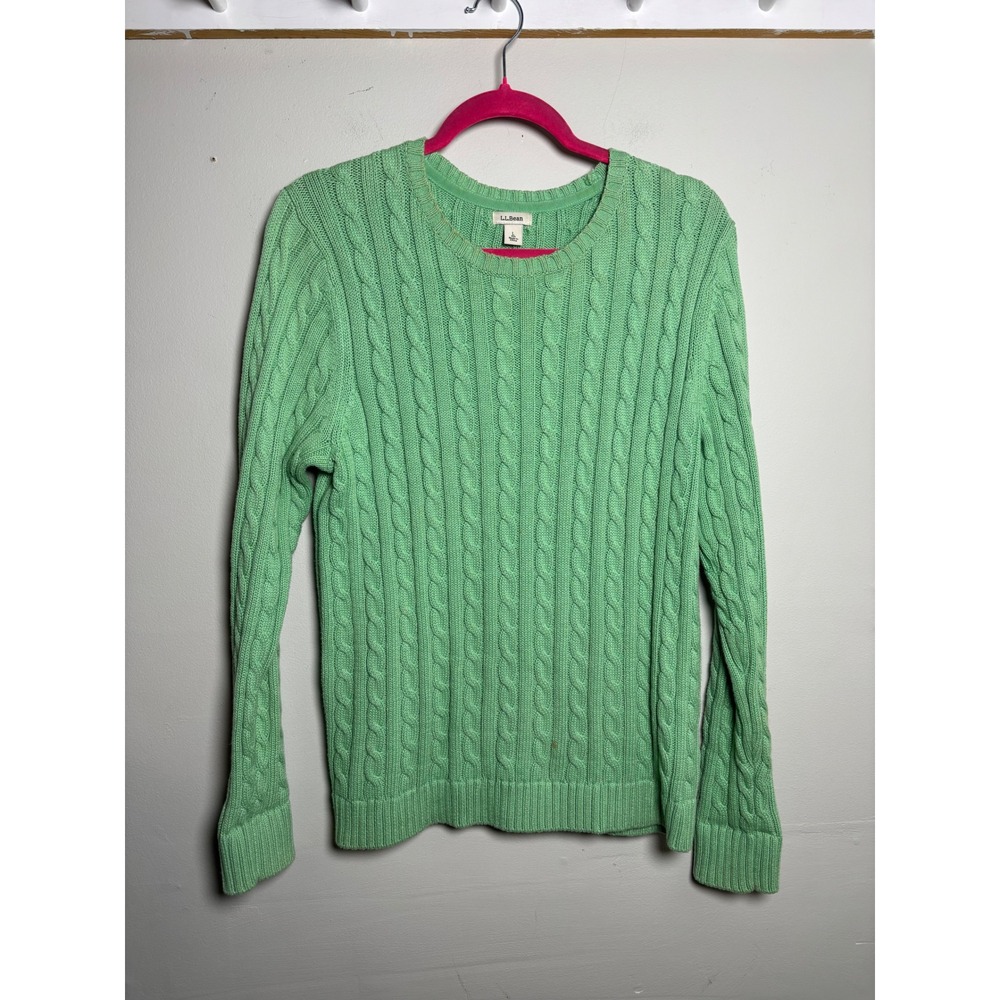 L.L.Bean Green Cable Knit Cotton Sweater Crewneck Preppy Coastal L